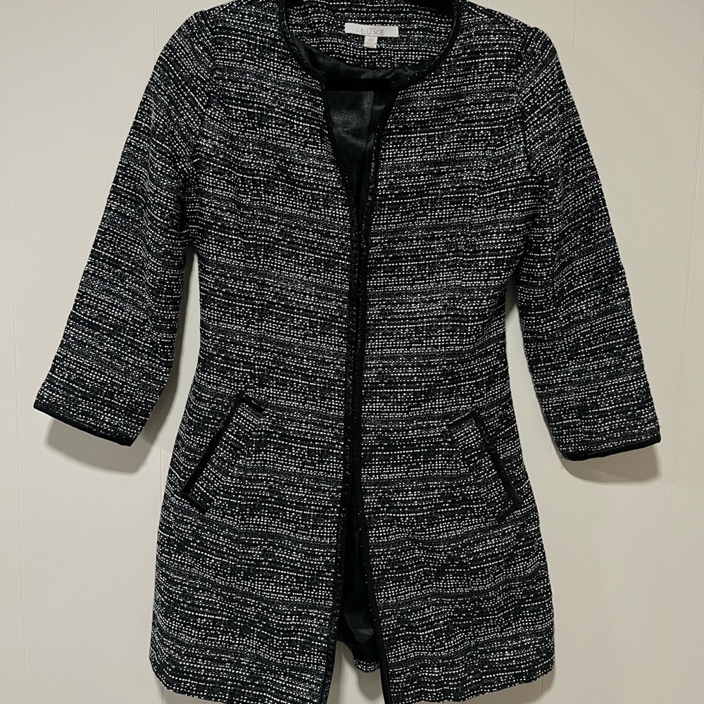 Cache Black and White Tweed Jacket Blazer Open Front Chanel Style